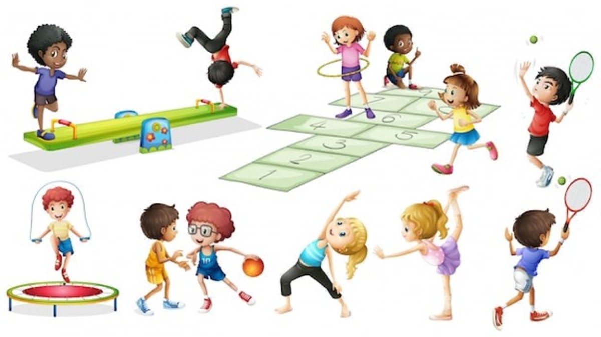 Drawings of children playing various sportls like skipping, yoga, basketball etc. At Kidzonia we emphasise highly on sports, making us one of the best preschools in Hyderabad